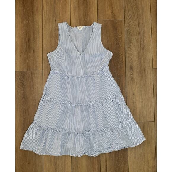 J. Crew Seersucker Ruffle Tiered Mini Dress Blue White Striped 6 Coastal Prairie - Picture 2 of 16